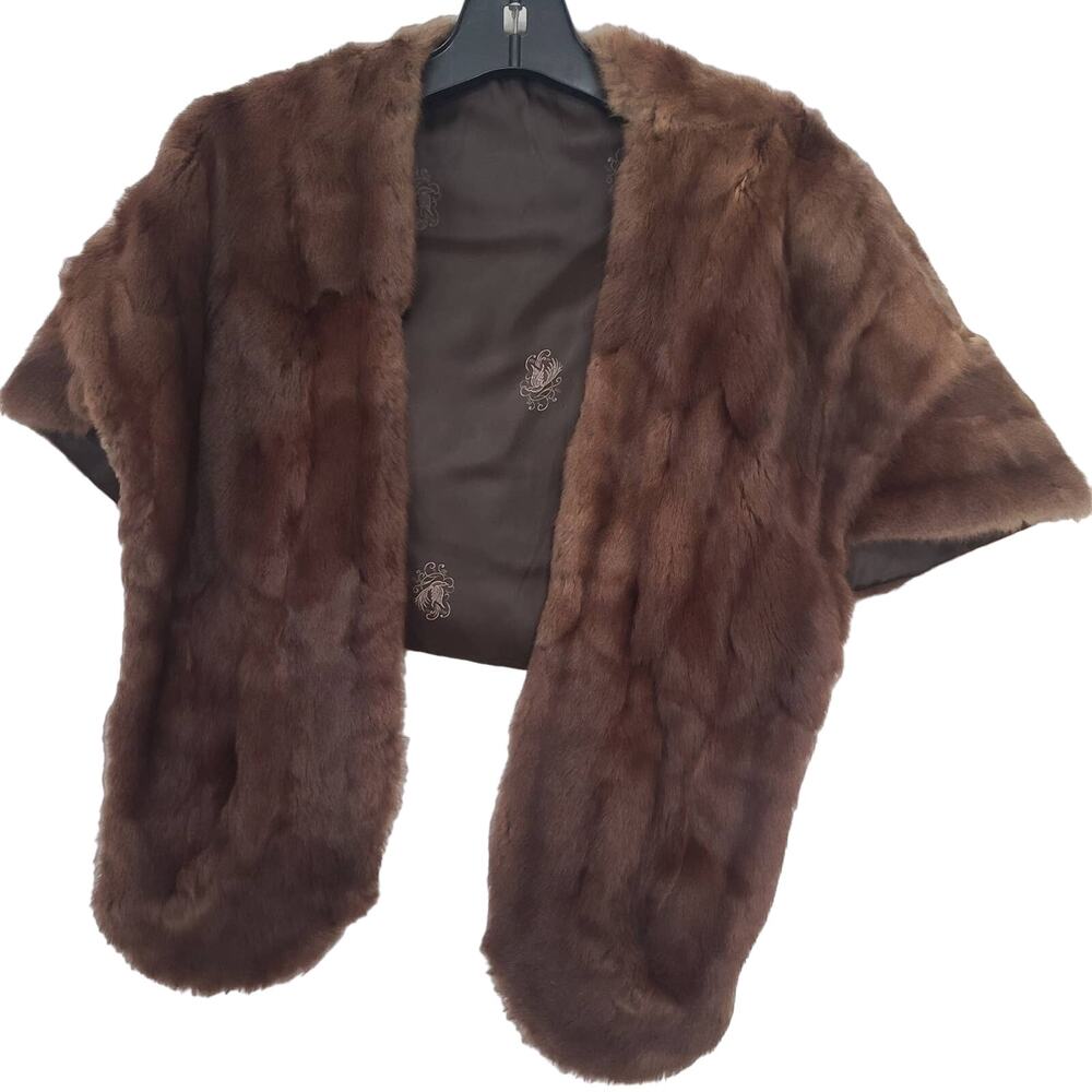 Rabbit Fur Shawl Stole Vintage Wrap Capelet with Pockets Brown Dressy Formal
